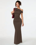 Brown Asymmetrical Neck Bodycon Maxi Dress