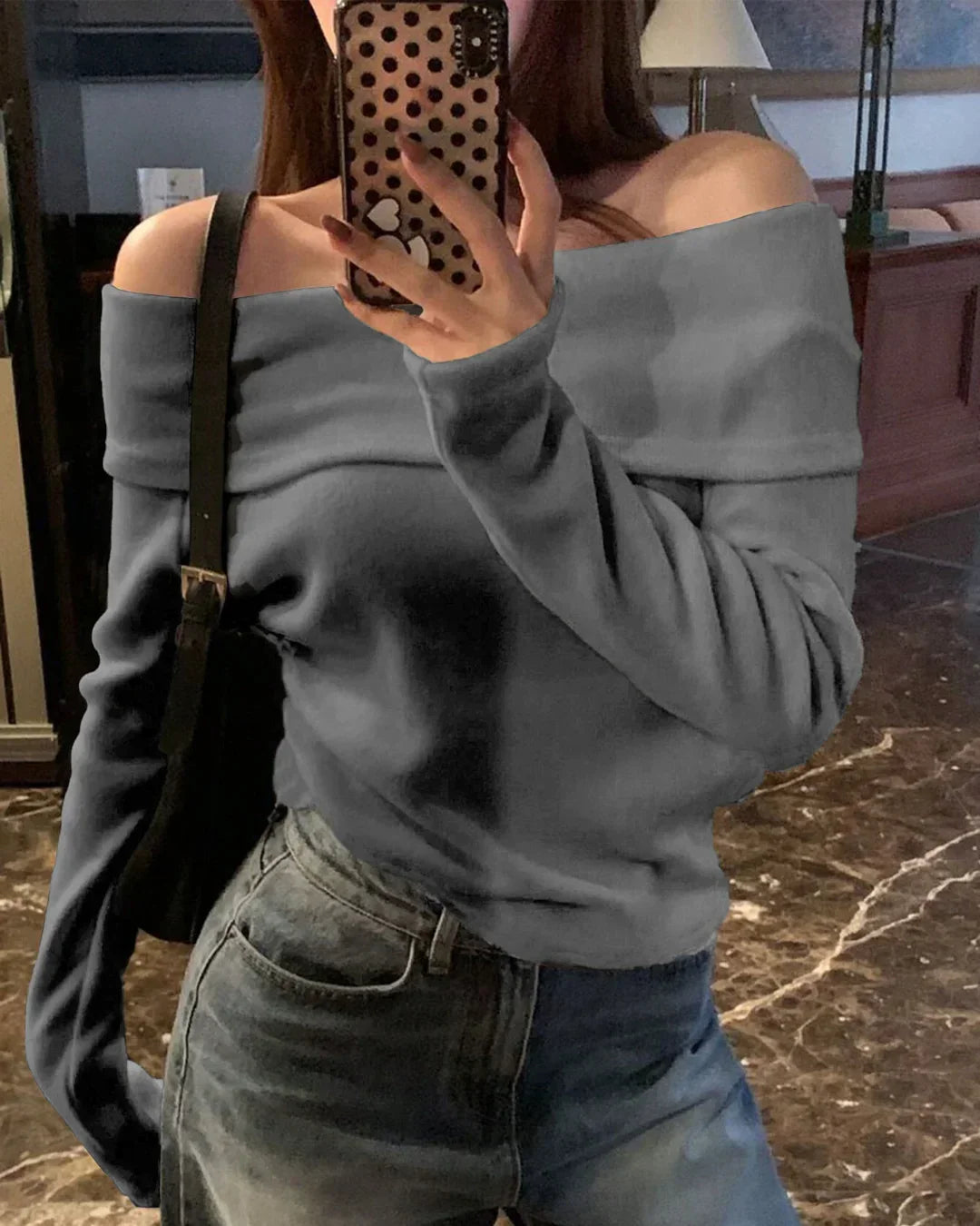 Solid Color Open Shoulder Off-Shoulder Knit Top in Black Melange