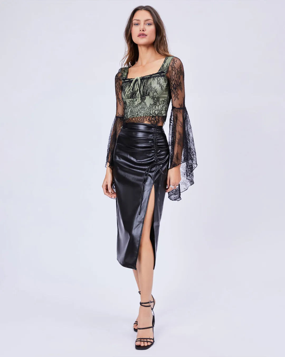 High Waist Drawstring Split Black Maxi Skirt