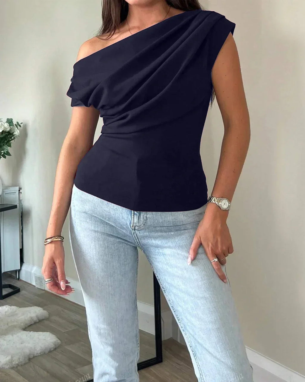 One Shoulder Ruched Asymmetrical Top in Dark Navy Blue