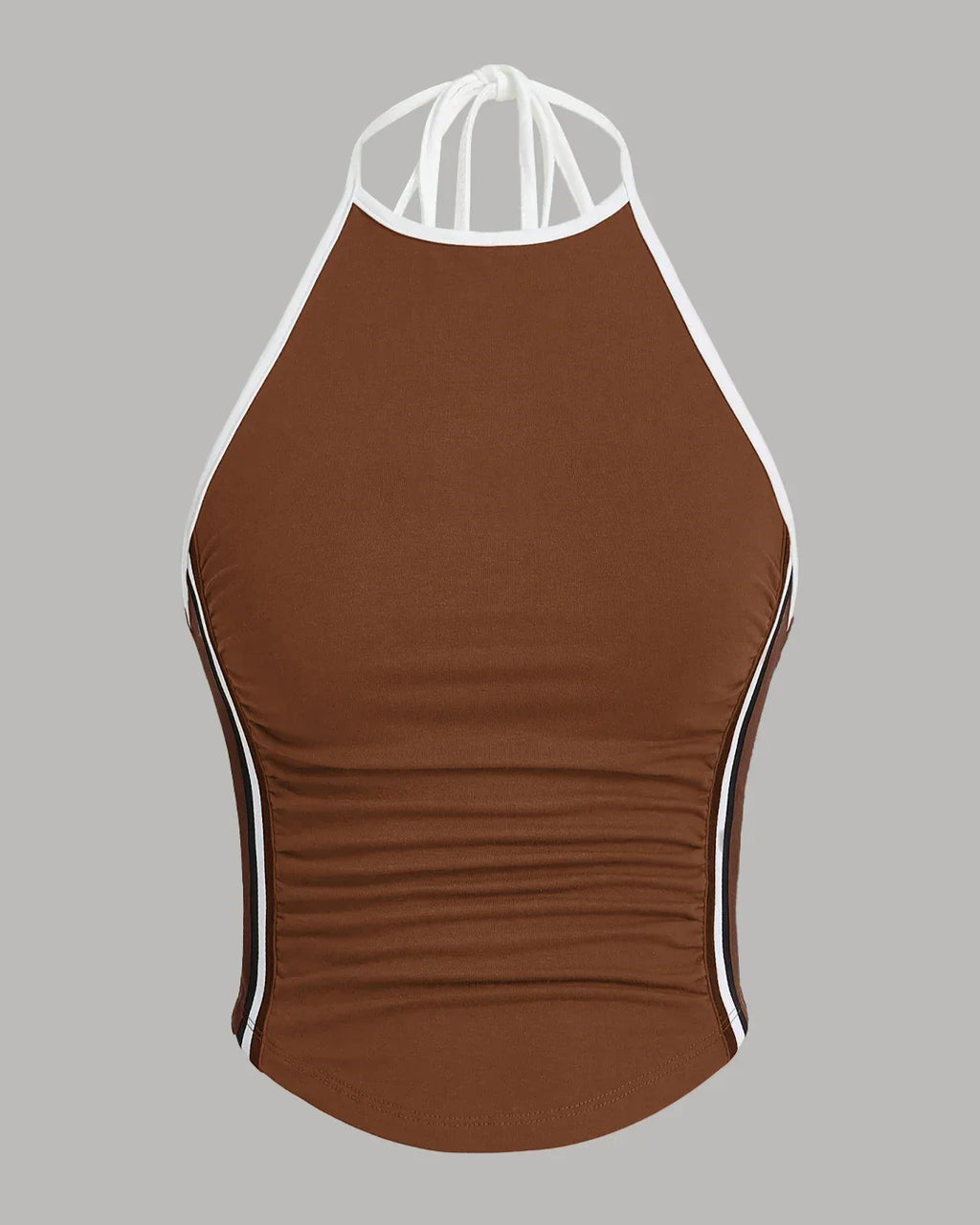Sporty Ruched Halter Neck Racerback Top in Burnt Orange with Black & White