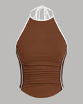 Sporty Ruched Halter Neck Racerback Top in Burnt Orange with Black & White