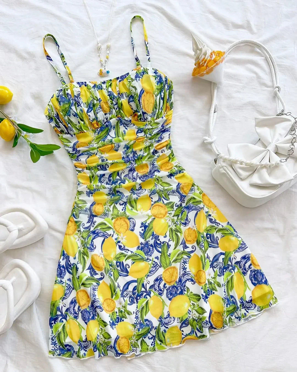 Citrus Bloom Ruched Bust Mini Dress