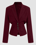 Woven Collar Solid Lace Up Button Blazer In Burgundy
