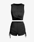 Ribbed Twisted Racerback Crop Tank Top With Cinched Side High Waisted Skinny Shorts Set In Black