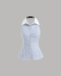 Striped Sleeveless Shirt Collar Top in Blue and White