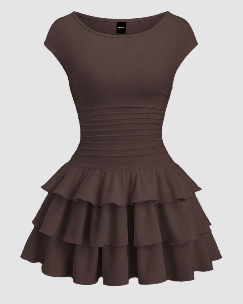 Ruched Waist Tiered Ruffle Mini Dress in Chocolate