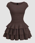 Ruched Waist Tiered Ruffle Mini Dress in Chocolate