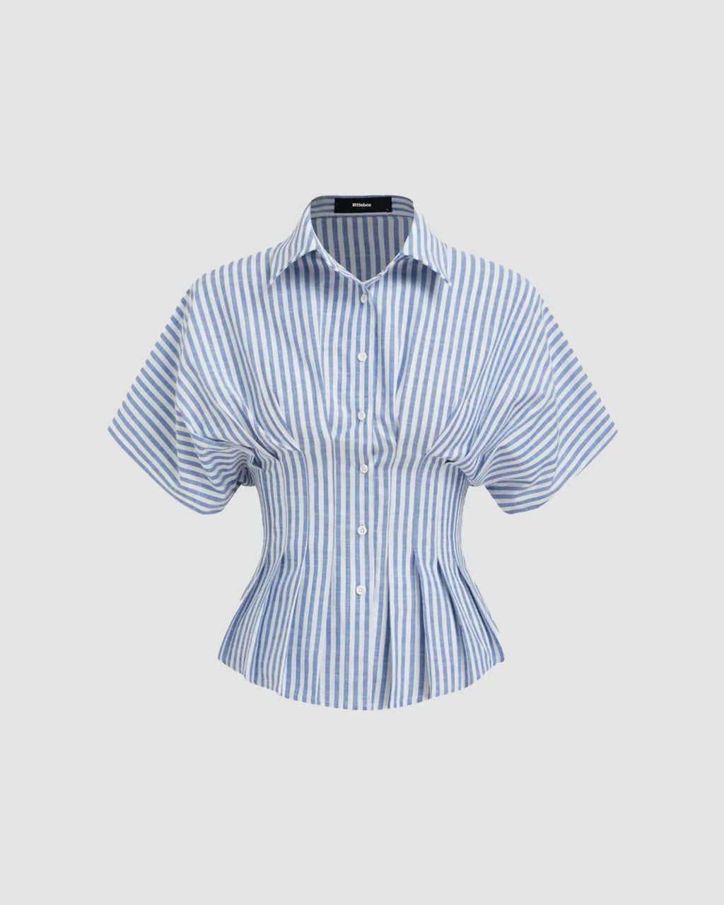 Blue Striped Collared Short Sleeve Cinched Shirt Top