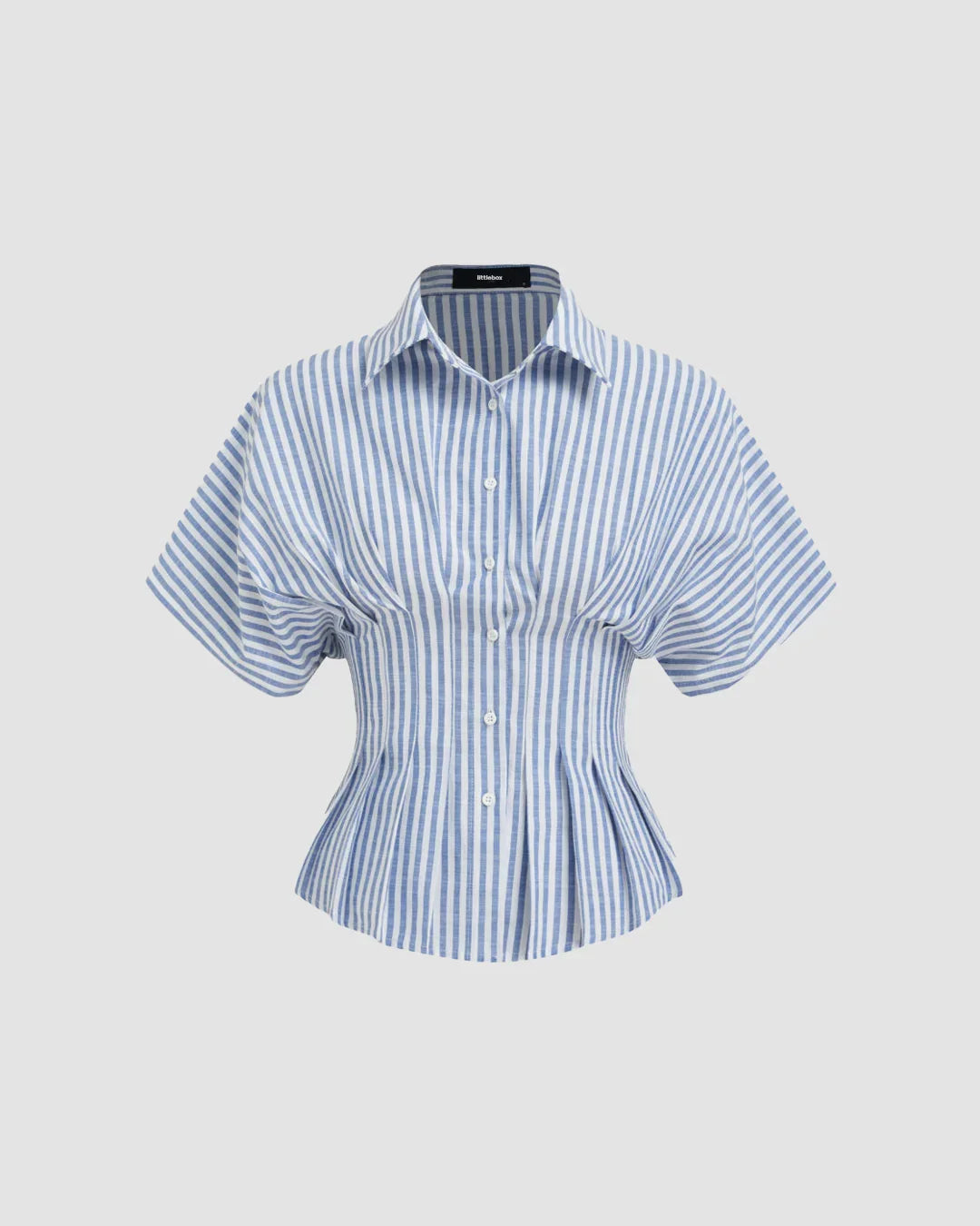 Blue Striped Collared Short Sleeve Cinched Shirt Top