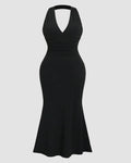 Solid Color Halter Backless Black Mermaid Dress Curve & Plus