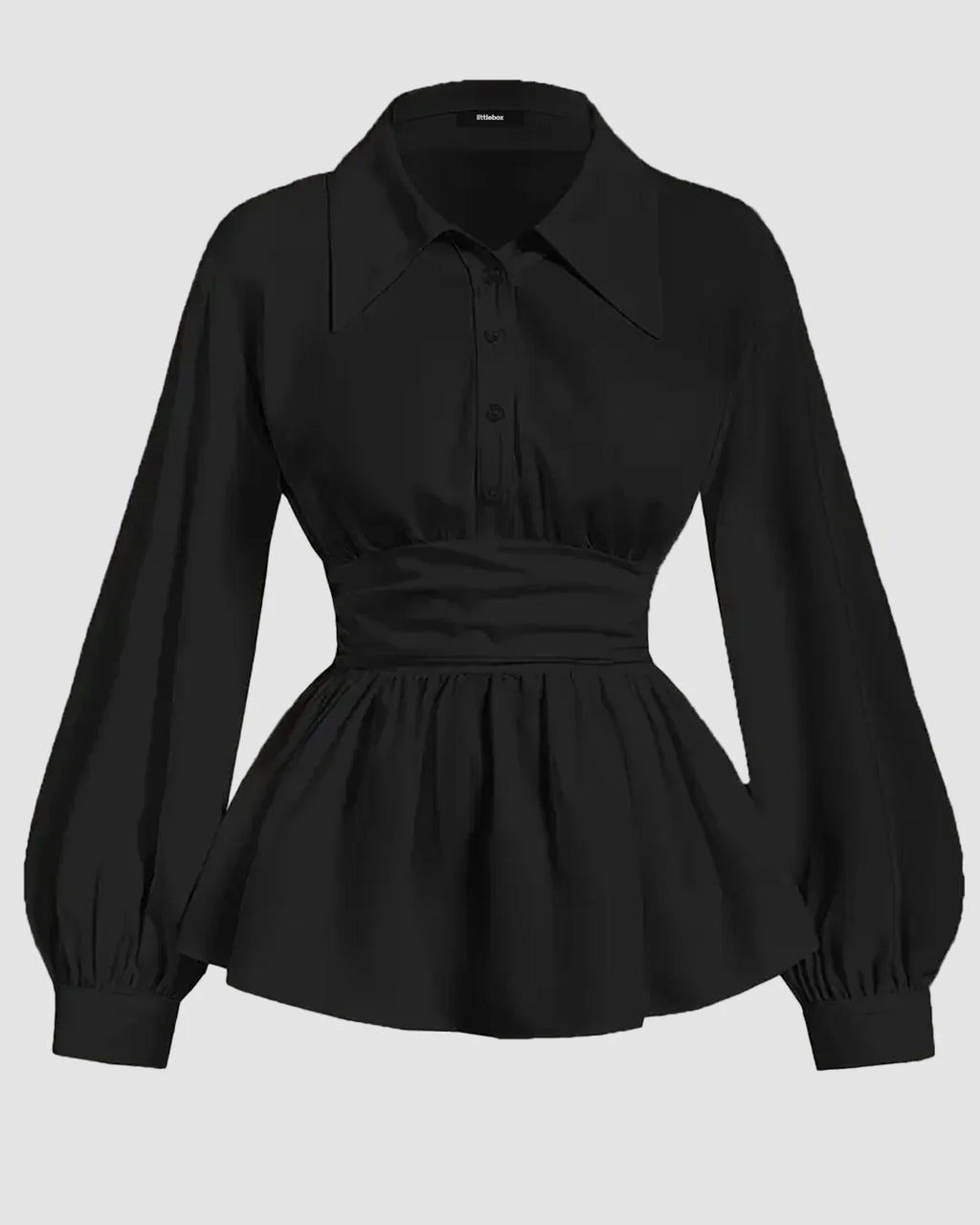 Pleated Peplum Collar Full Sleeve Top in Black
