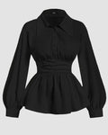 Pleated Peplum Collar Full Sleeve Top in Black