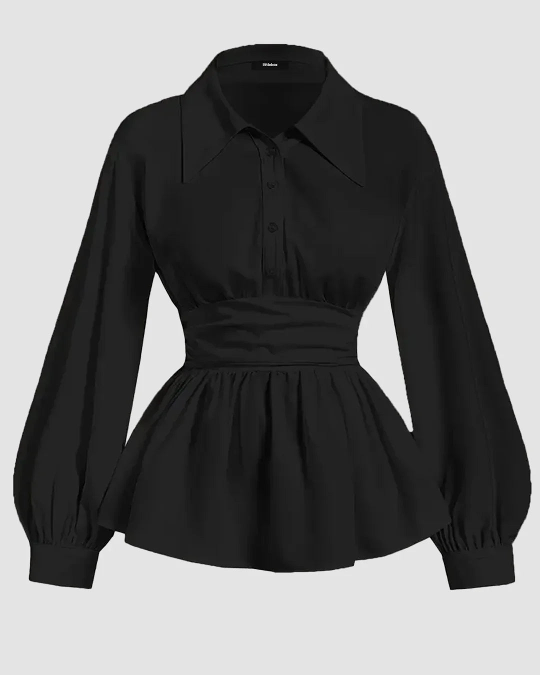 Pleated Peplum Collar Full Sleeve Top in Black