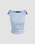 Boat Neckline Striped Bowknot Ruched Tank Top