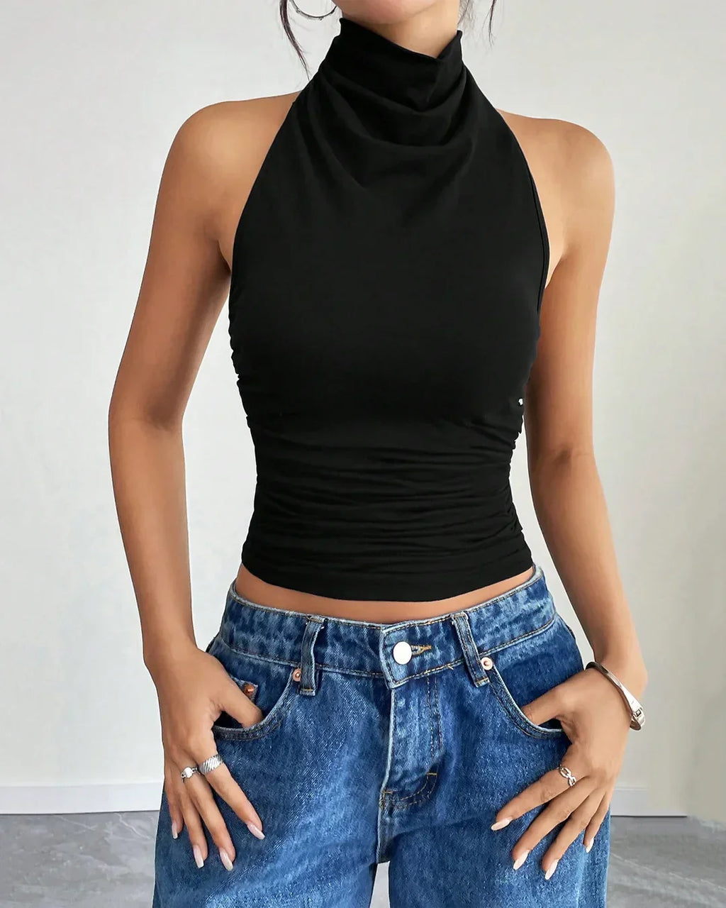 Minimalist Sleeveless High Neck Tank Top in Black