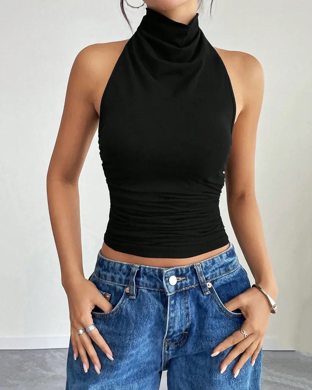 Minimalist Sleeveless High Neck Tank Top in Black