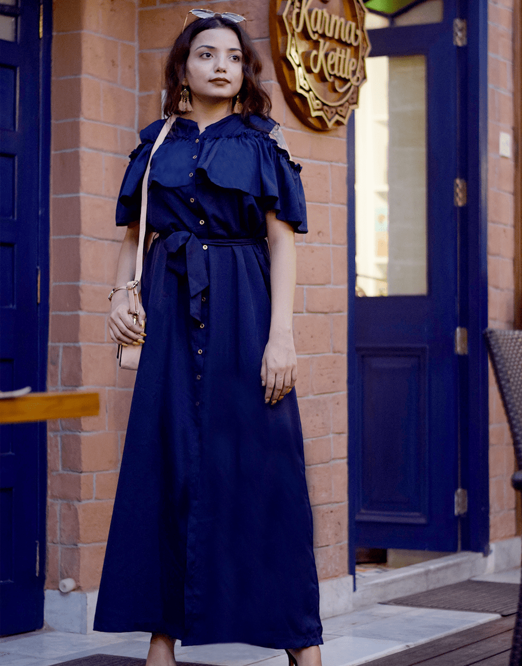 Ruffled Buttoned Cold Shoulder Maxi Dress - Pinkkup