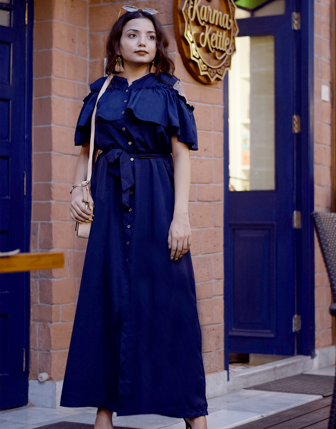 Ruffled Buttoned Cold Shoulder Maxi Dress - Pinkkup