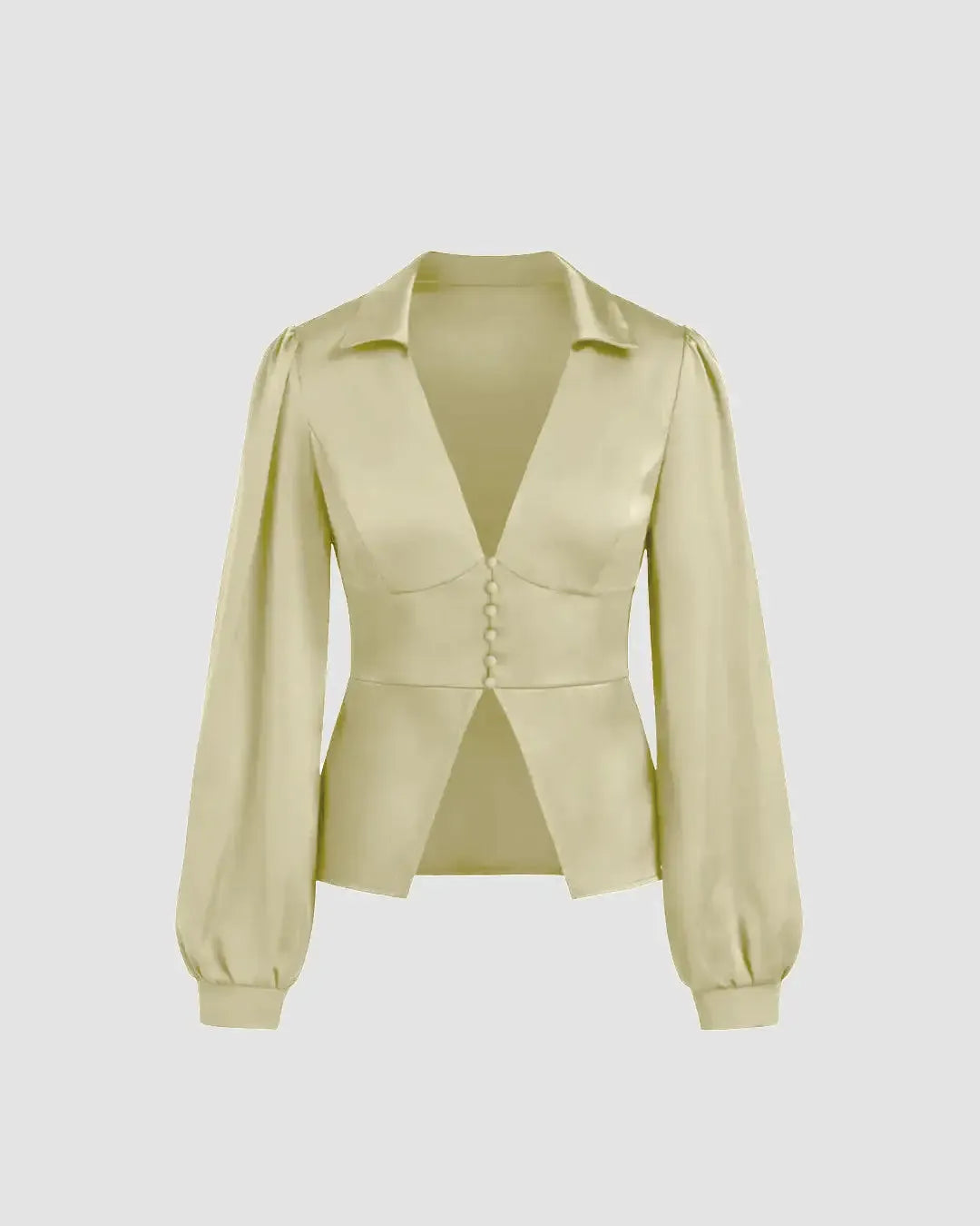 V-neck Solid Split Long Sleeve Blouse In Light Gold