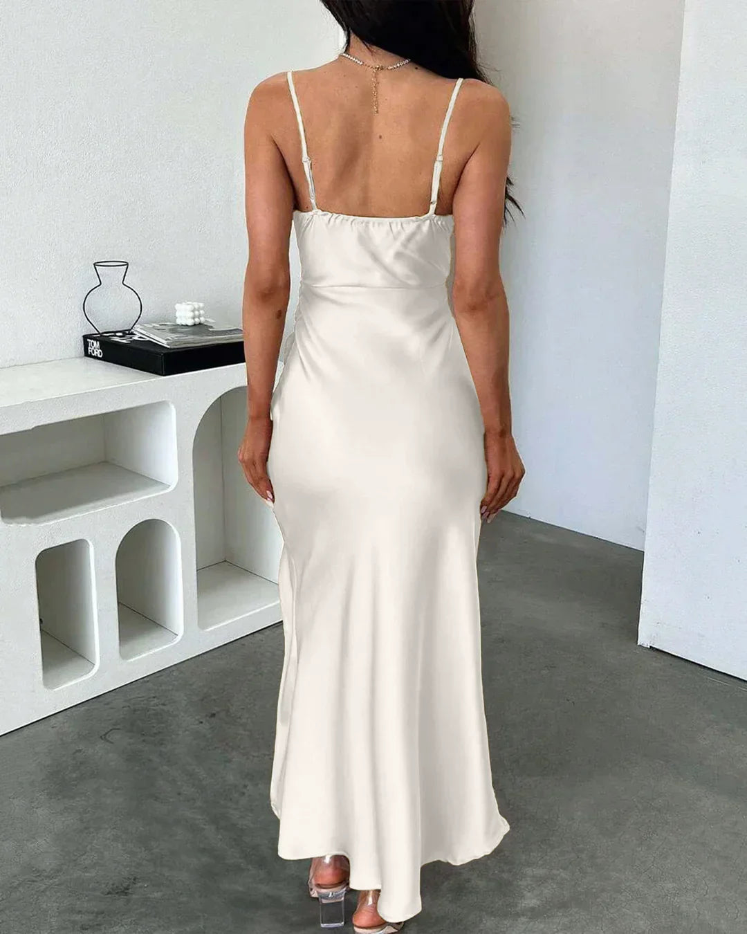 Cowl Neck Ruched Slit Sleeveless Satin Maxi Dress in Cream