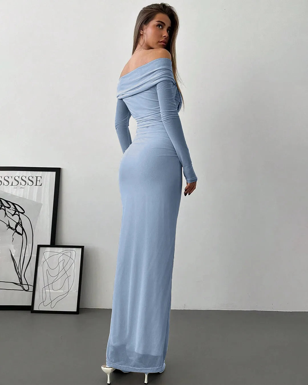 Off Shoulder Mesh Ruched Fitted Dress With Long Sleeve In Dusty Blue