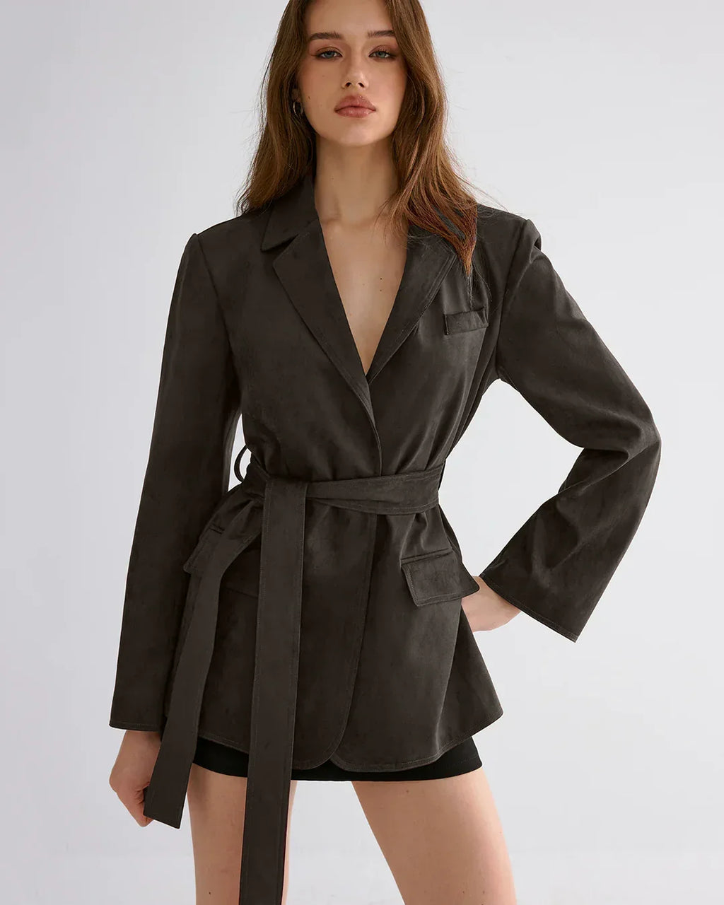 Minimal Belted Blazer in Brown