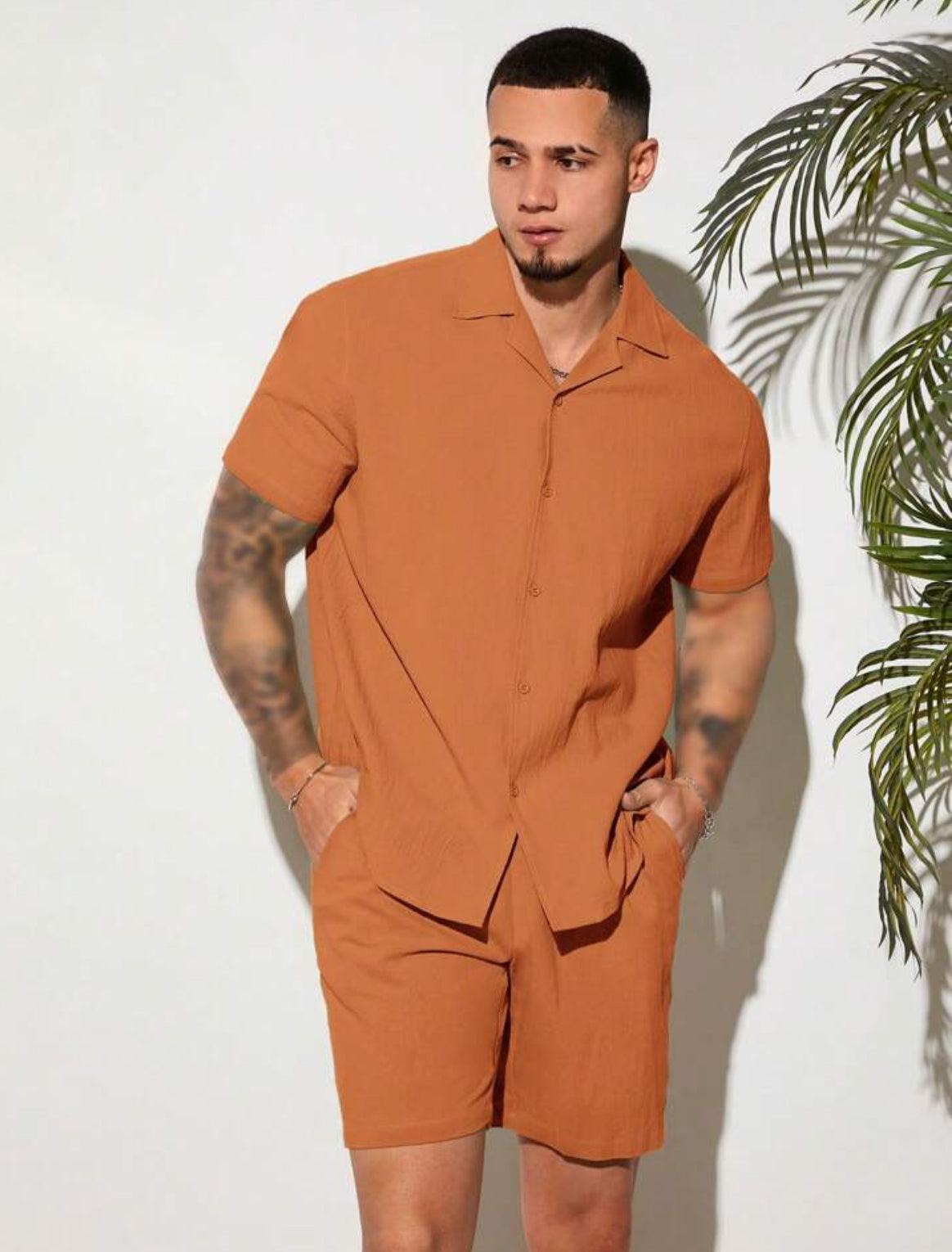 Men Basic Rust Orange Shirt & Drawstring Waist Shorts Set