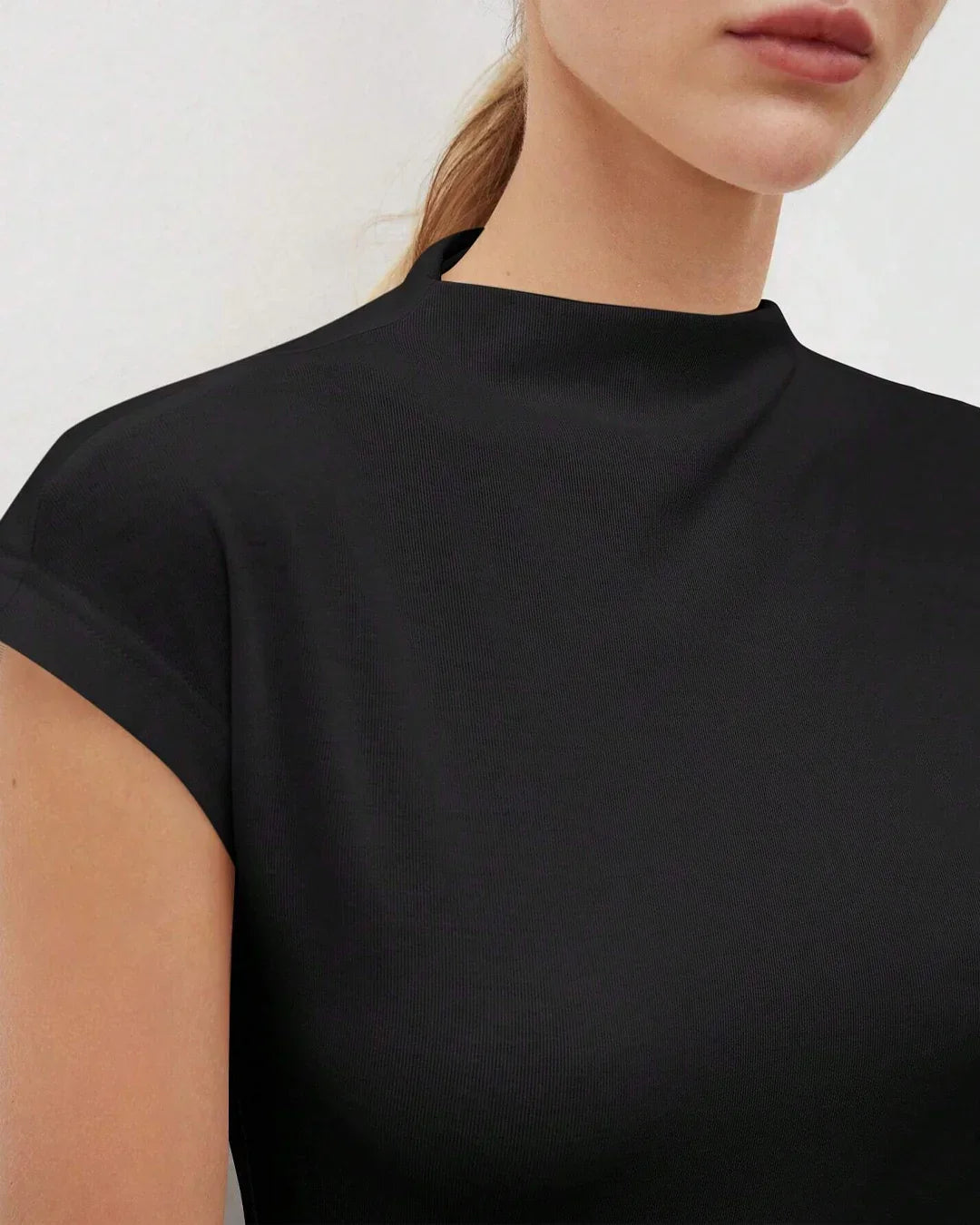 Mock Neck Cap Sleeve Fitted Top in Black