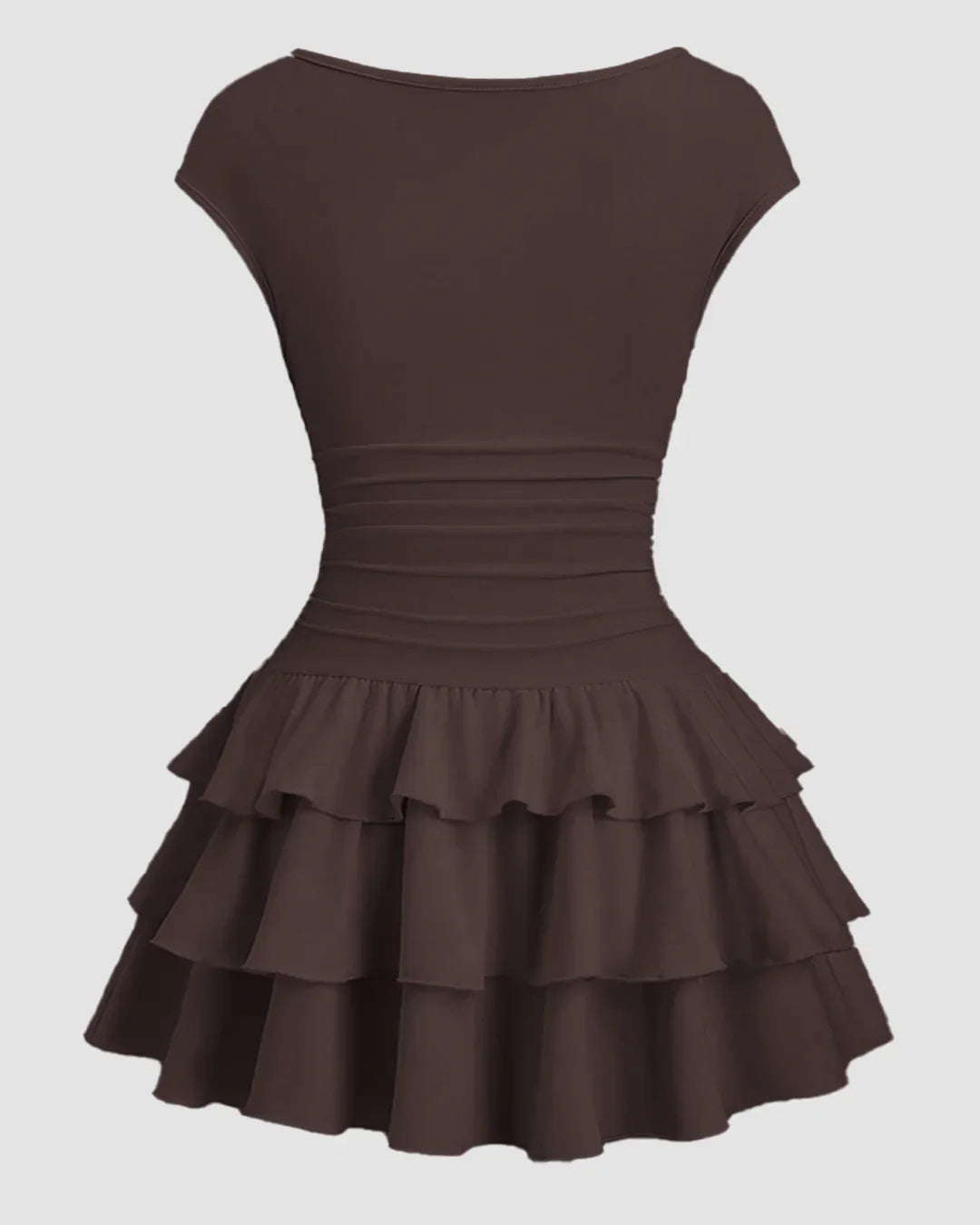 Ruched Waist Tiered Ruffle Mini Dress in Chocolate