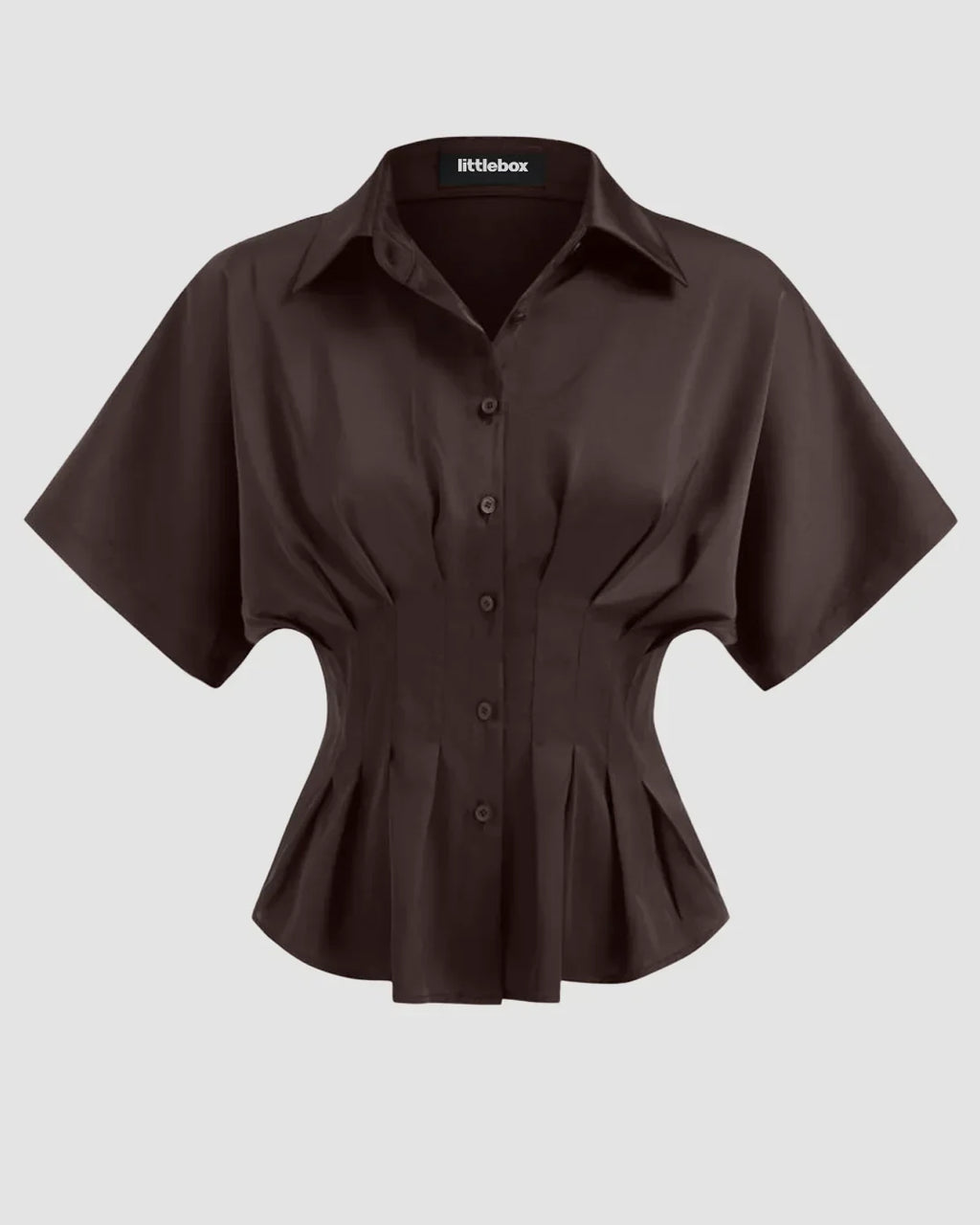 Satin Collar Pleated Cinched Short Sleeve Shirt in coffee