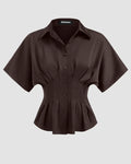 Satin Collar Pleated Cinched Short Sleeve Shirt in coffee