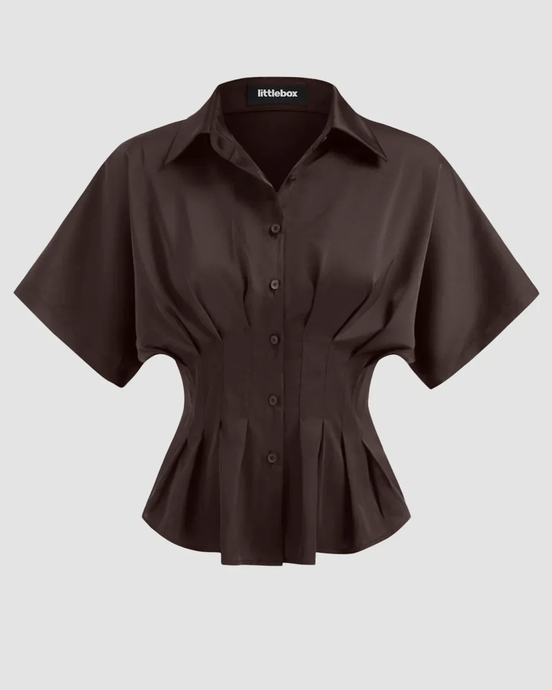 Satin Collar Pleated Cinched Short Sleeve Shirt in coffee