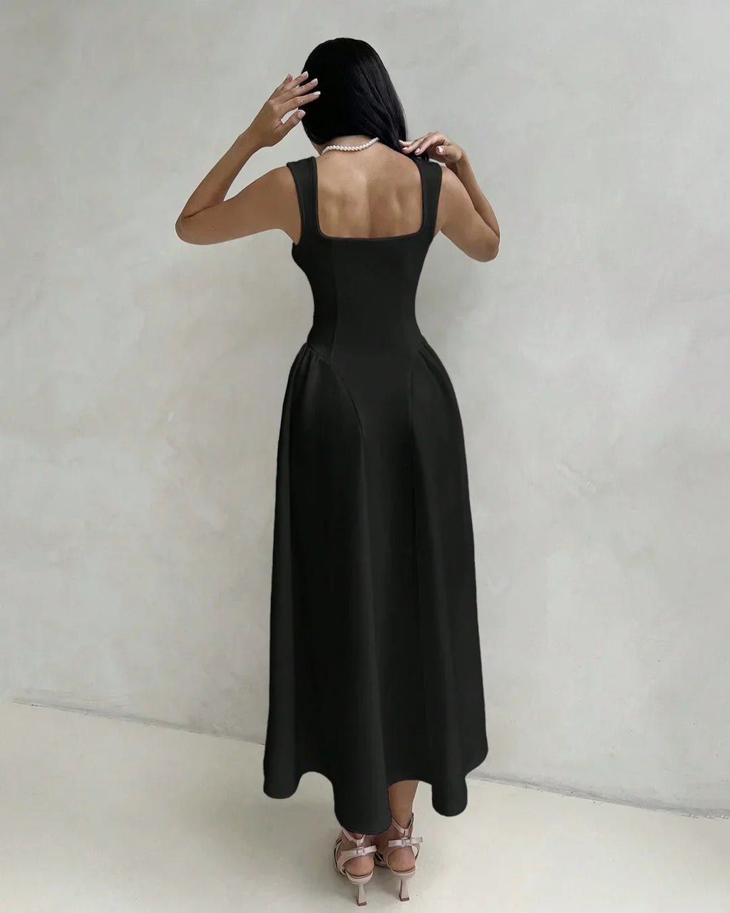 Square Neck Sleeveless Fit & Flare Midi Dress in Black