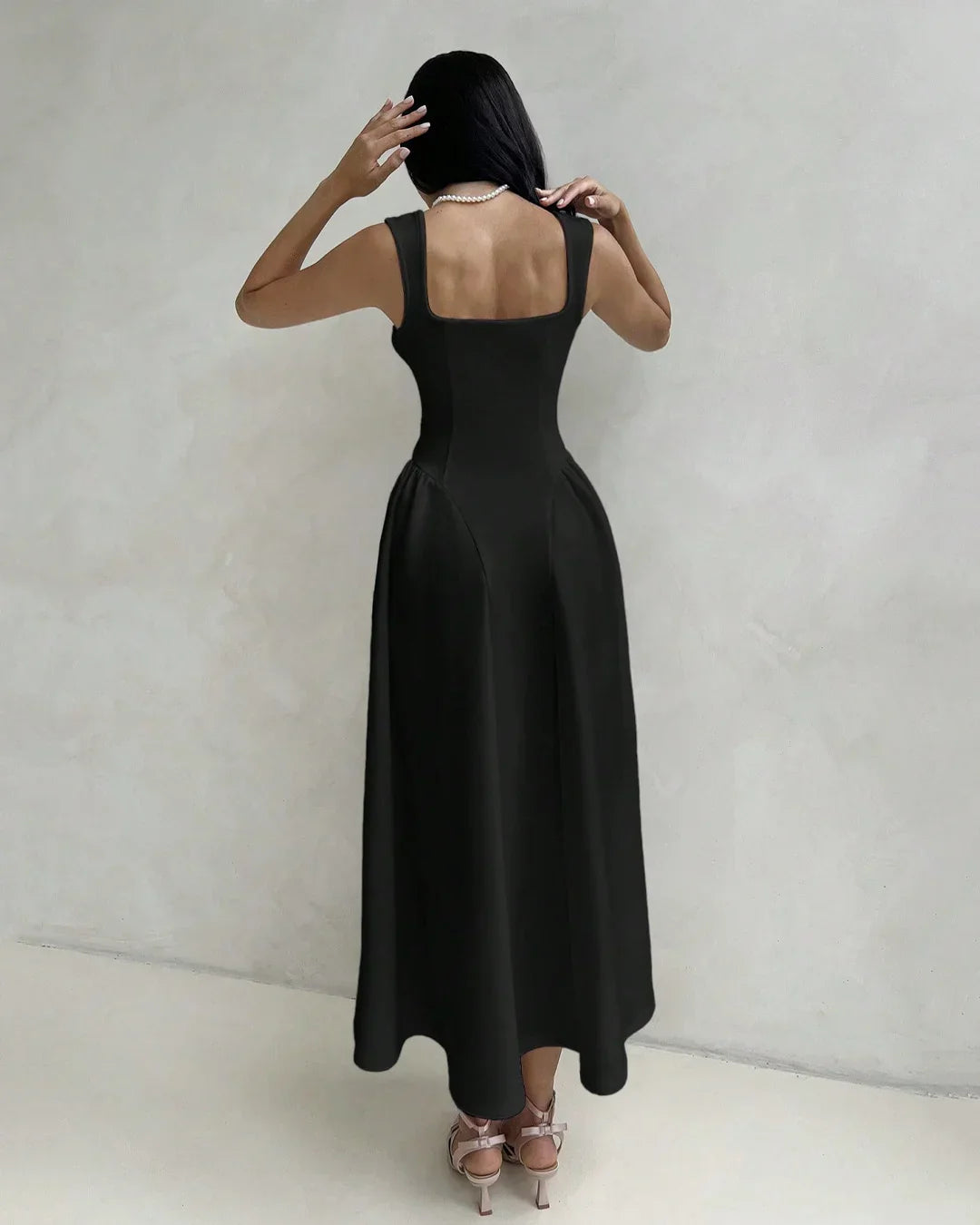 Square Neck Sleeveless Fit & Flare Midi Dress in Black