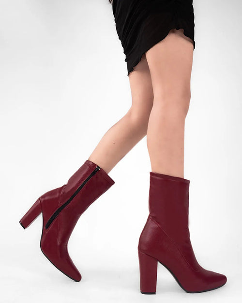 Ankle Boots High Chunky Block Heel Mid Calf Boots In Burgundy