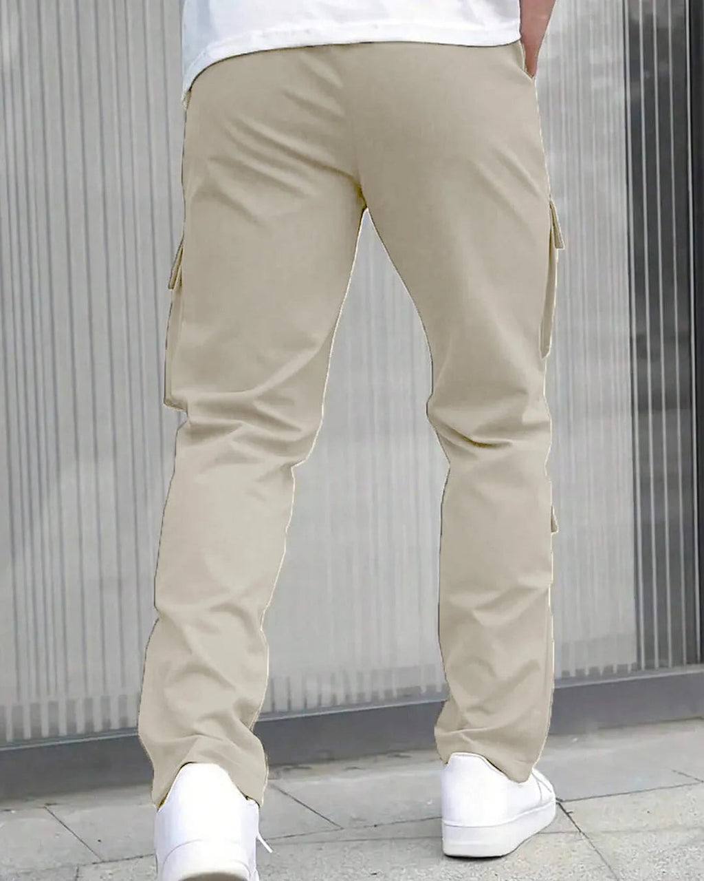 Men Solid Color Front Tie Pocket Simple Casual Straight Leg Cargo Pants In Light Grey