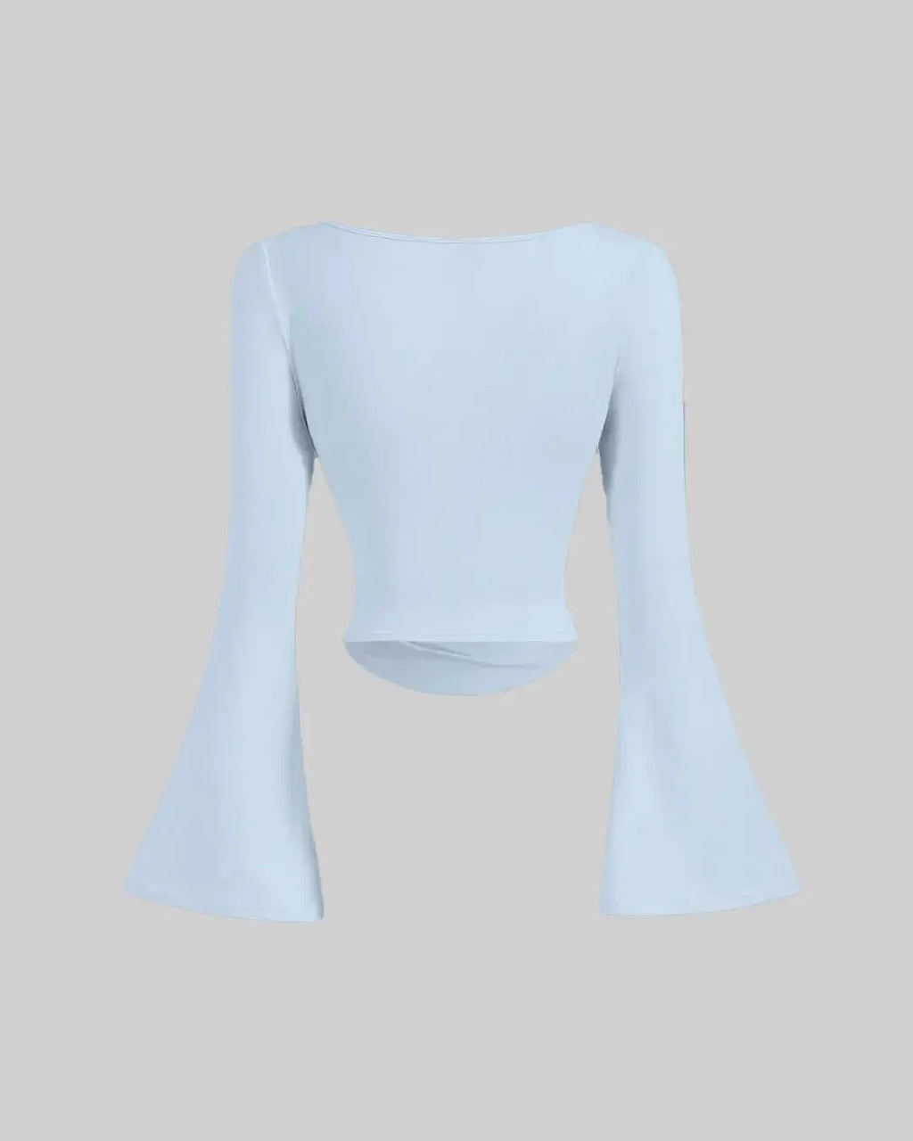 Solid Color Boat Neck Ruched Waist Bell Sleeve Top In Light Blue