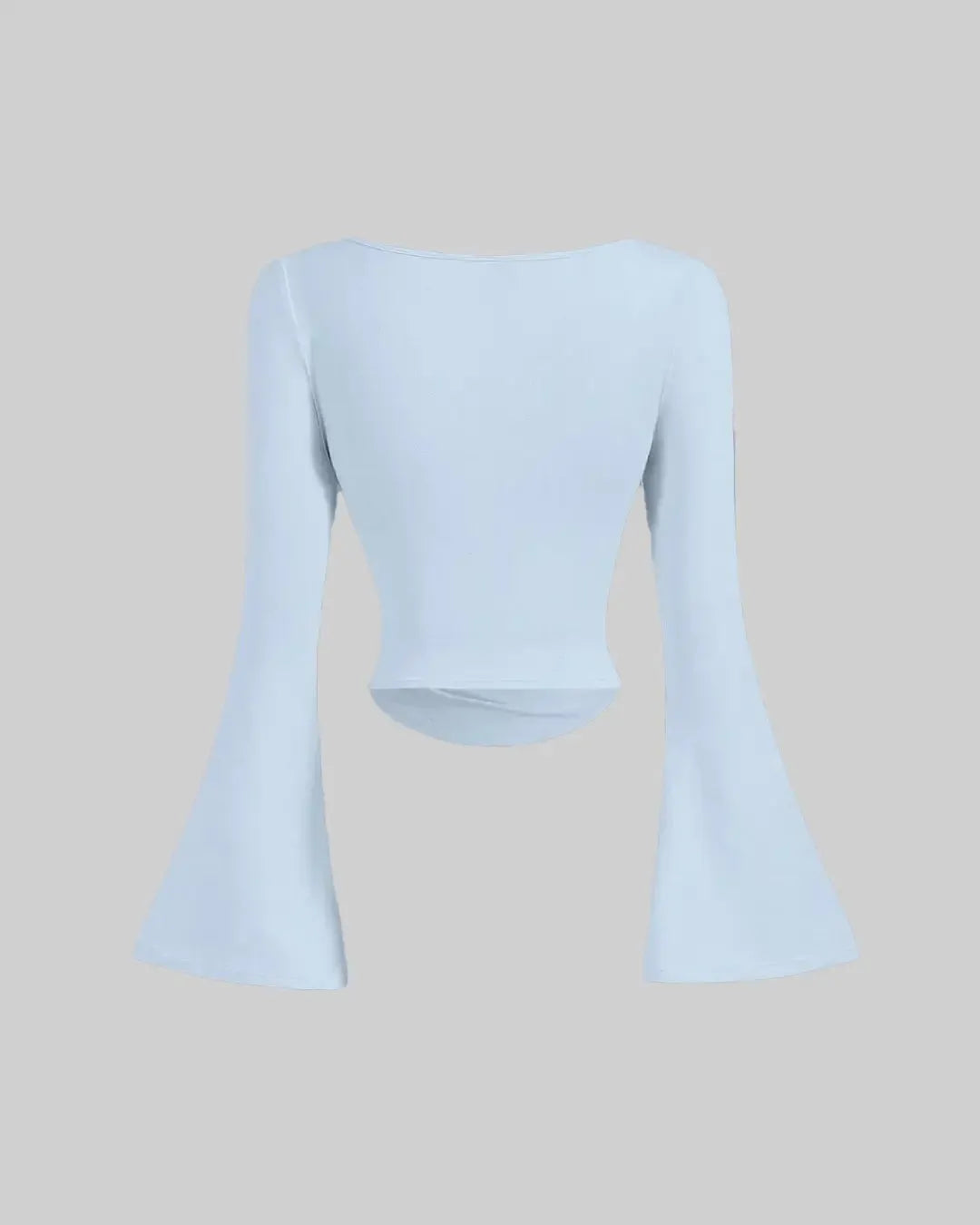 Solid Color Boat Neck Ruched Waist Bell Sleeve Top In Light Blue