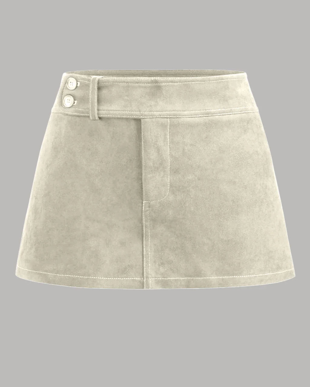 Suede Low Rise Solid Button Mini Skirt in Beige