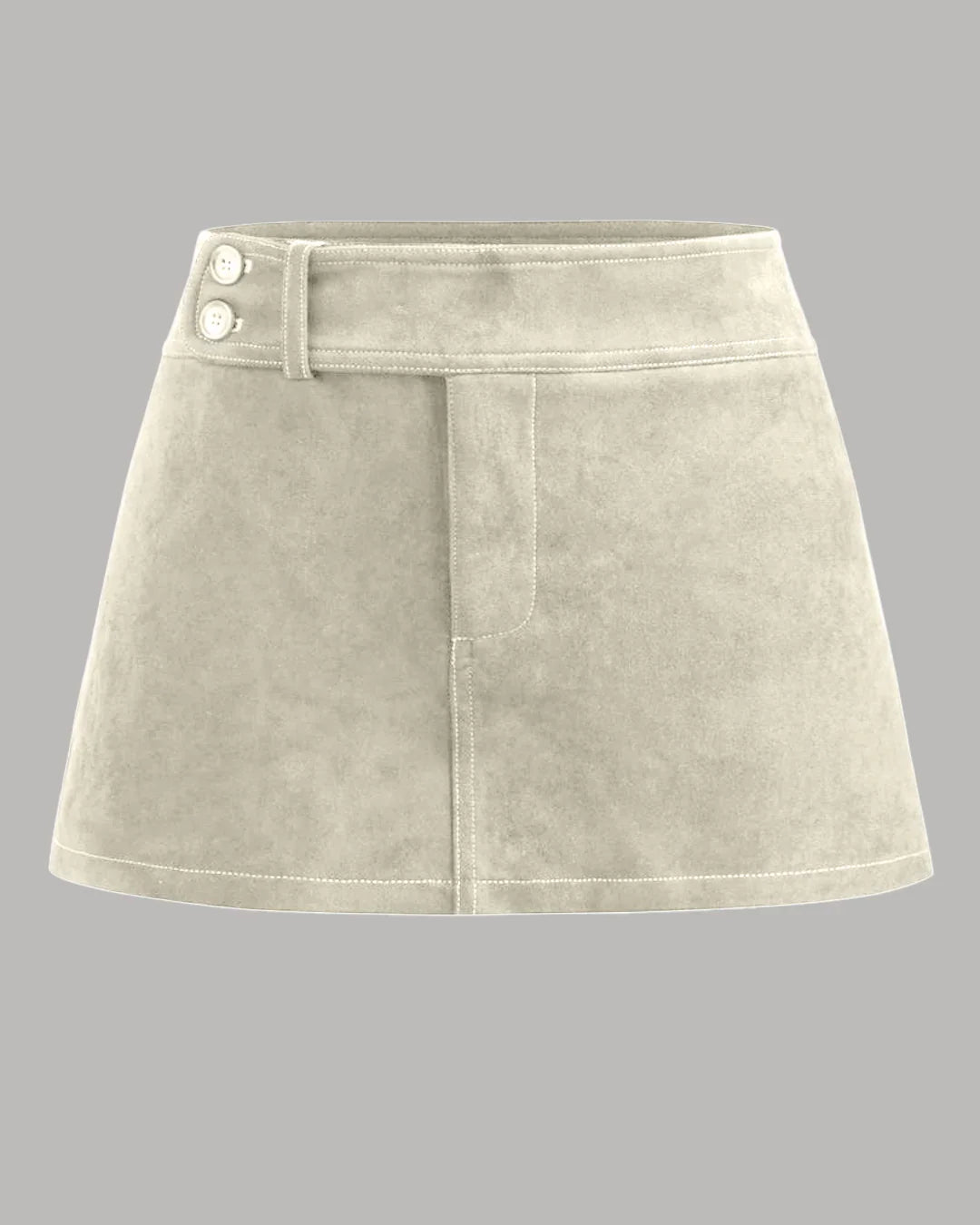 Suede Low Rise Solid Button Mini Skirt in Beige