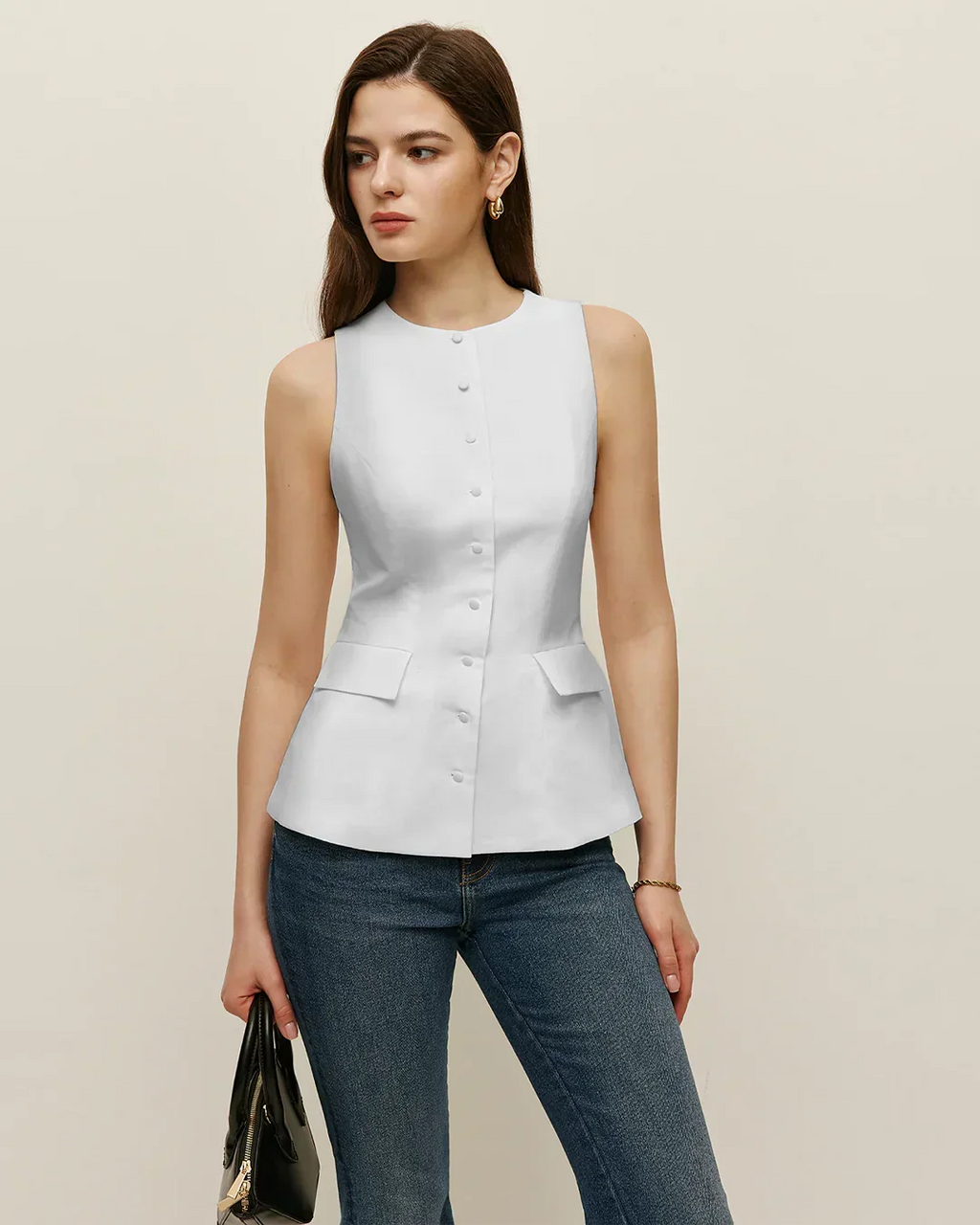 Sleeveless Button Down Structured Peplum Top in White