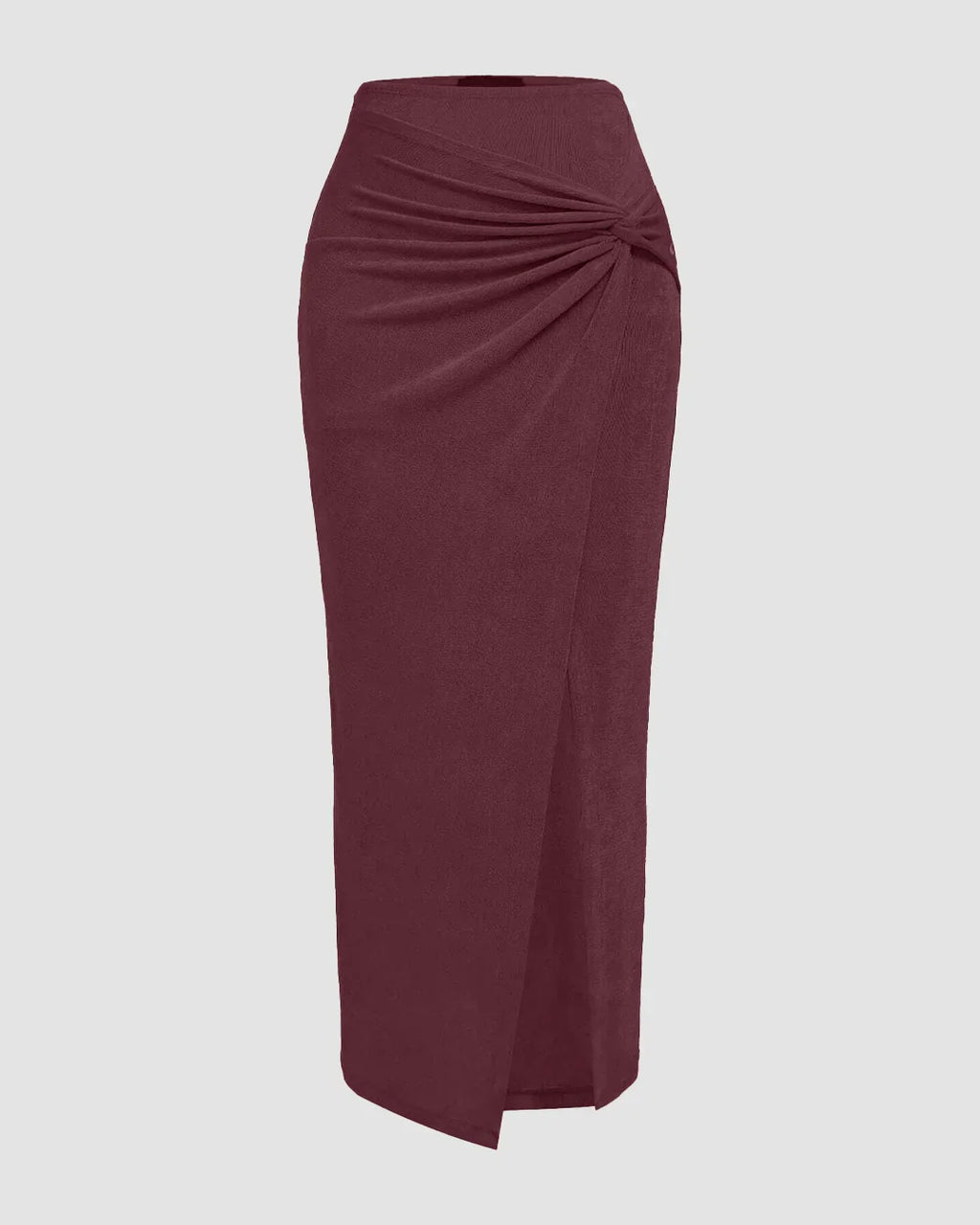 High-Waist Draped Side-Slit Midi Skirt in Maroon