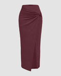 High-Waist Draped Side-Slit Midi Skirt in Maroon