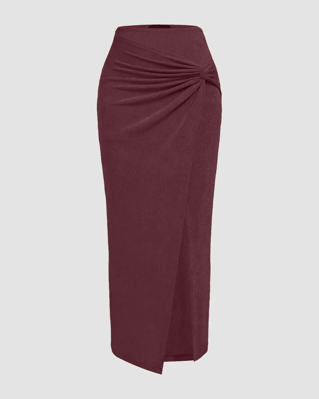 High-Waist Draped Side-Slit Midi Skirt in Maroon