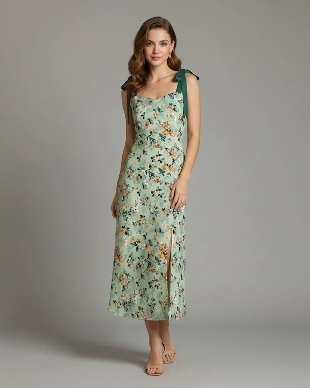 Tie Shoulder Floral Fit & Flare Slit Midi Dress