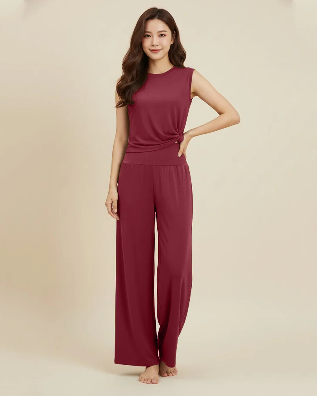 Sleeveless Twist Front Top and Wide Leg Pants Co-Ord Set in Maroon