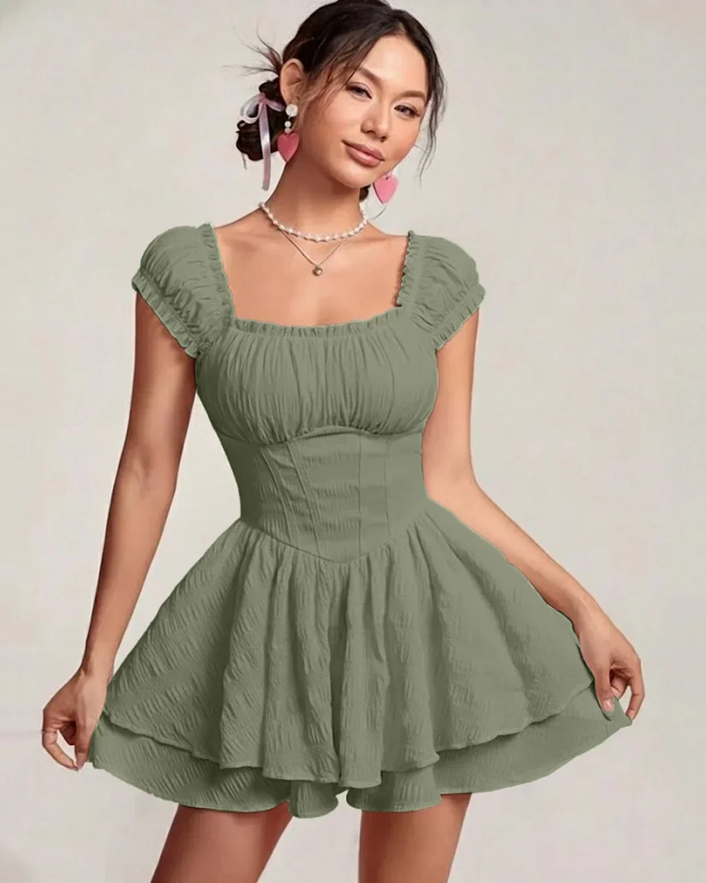 Square Neck Double Layer Short Sleeve Dress In Green