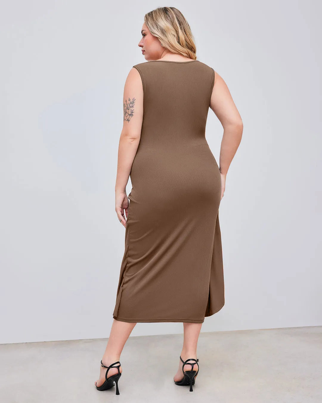 Square Neck Solid Twist Knotted Brown Maxi Dress Curve & Plus