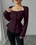 Rust Square Neck Buttoned Peplum Full Sleeve Top
